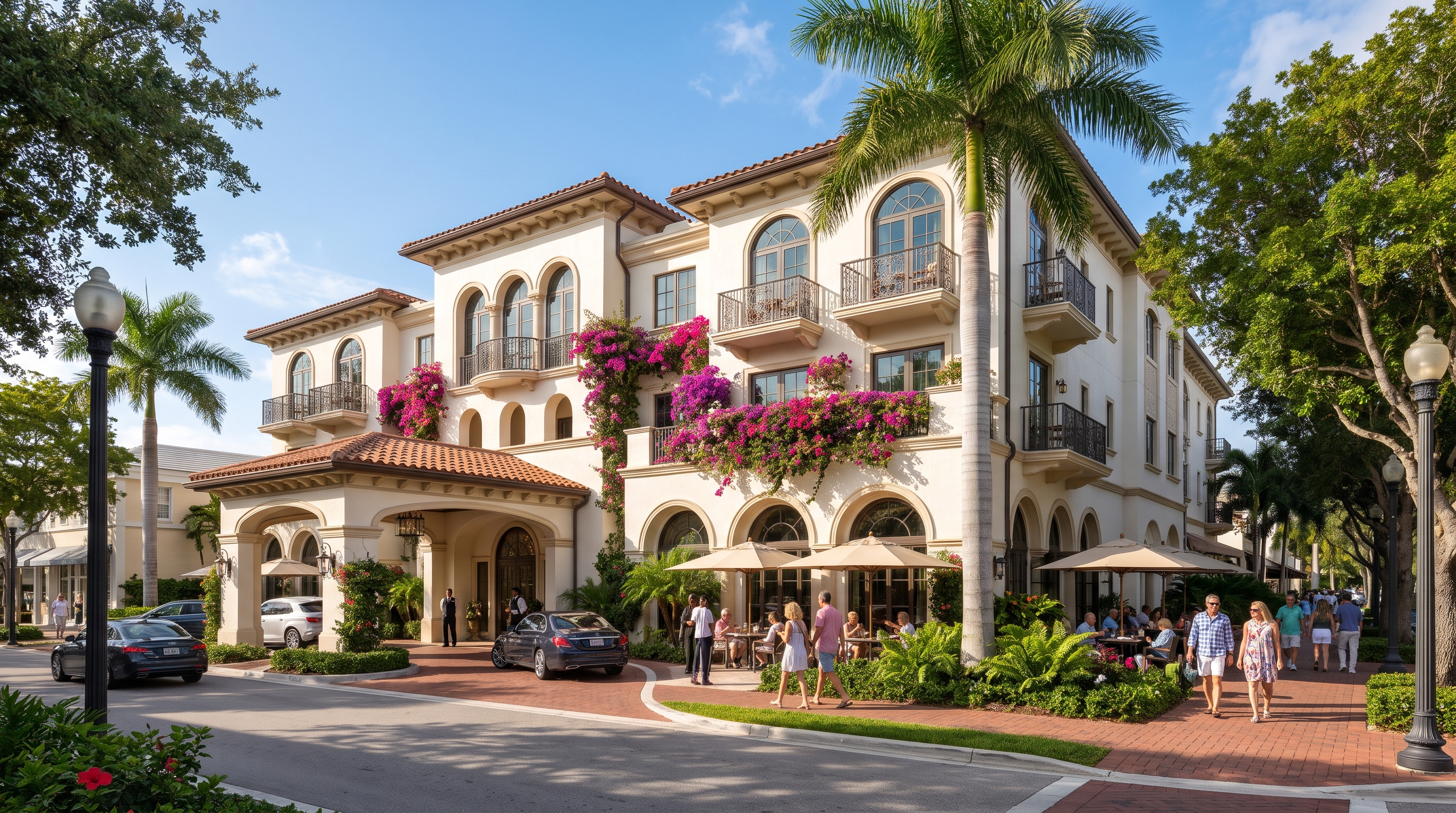 AI-generated illustration of a Mediterranean-style hotel with palm trees and outdoor dining